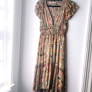 Ulla Johnson cotton blend, polyester ruffle midi dress in floral print-size 6